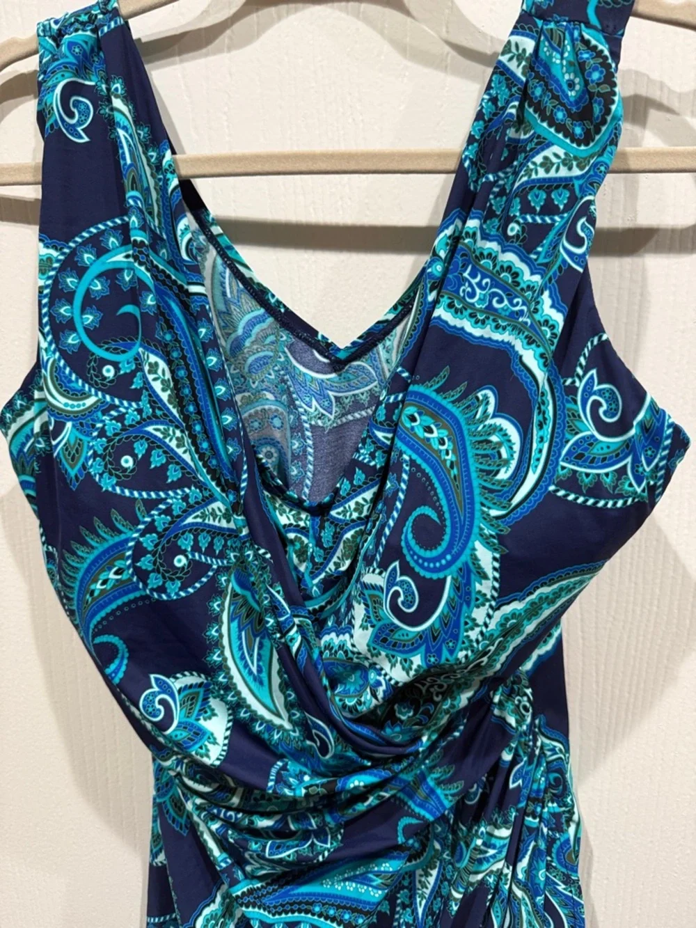 Lands' End Women Slender Surplice Blue Paisley Tunic One Piece Swimsuit 16D NWOT